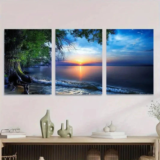 3pcs Vibrant Beach Scene with Palm Tree Metal Print Ready to Hang Art