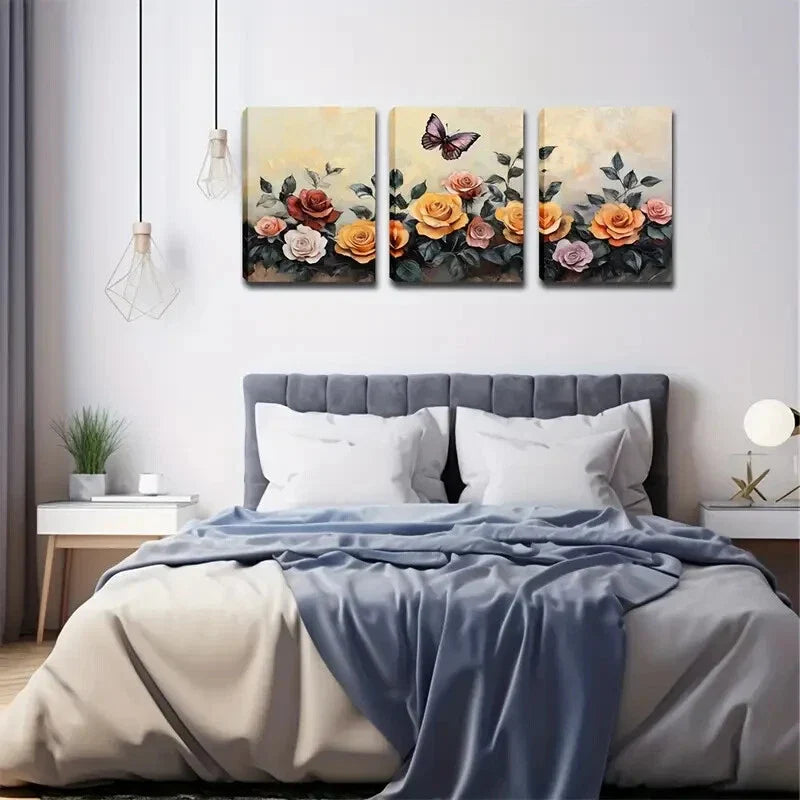 3pcs Pink Yellow Red Vintage Floral Natural Eco Wall Art Set Canvas Framed 40x60cm - High Quality Print 100% Australian Made Wall Canvas Ready to Hang