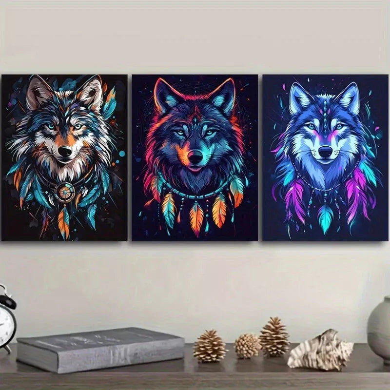 3pcs Stunning Wolf Neon Colors   Colorful Necklace Wall Art Set Canvas Framed 40x60cm - High Quality Print 100% Australian Made Wall Canvas Ready to Hang