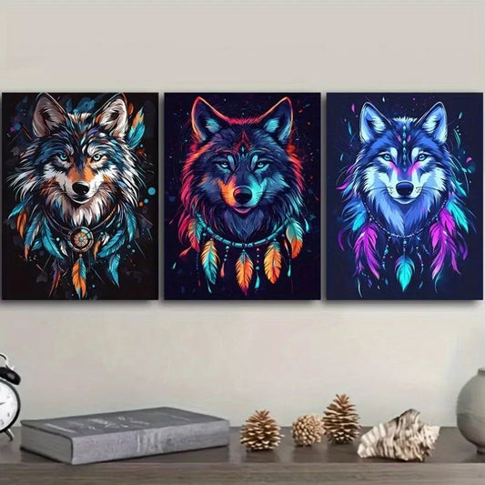 3pcs Stunning Wolf Neon Colors   Colorful Necklace Wall Art Set Canvas Framed 40x60cm - High Quality Print 100% Australian Made Wall Canvas Ready to Hang