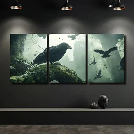 3pcs A Raven Perched on a Mossy Branch Wall Art Set Canvas Framed 40x60cm - High Quality Print 100% Australian Made Wall Canvas Ready to Hang