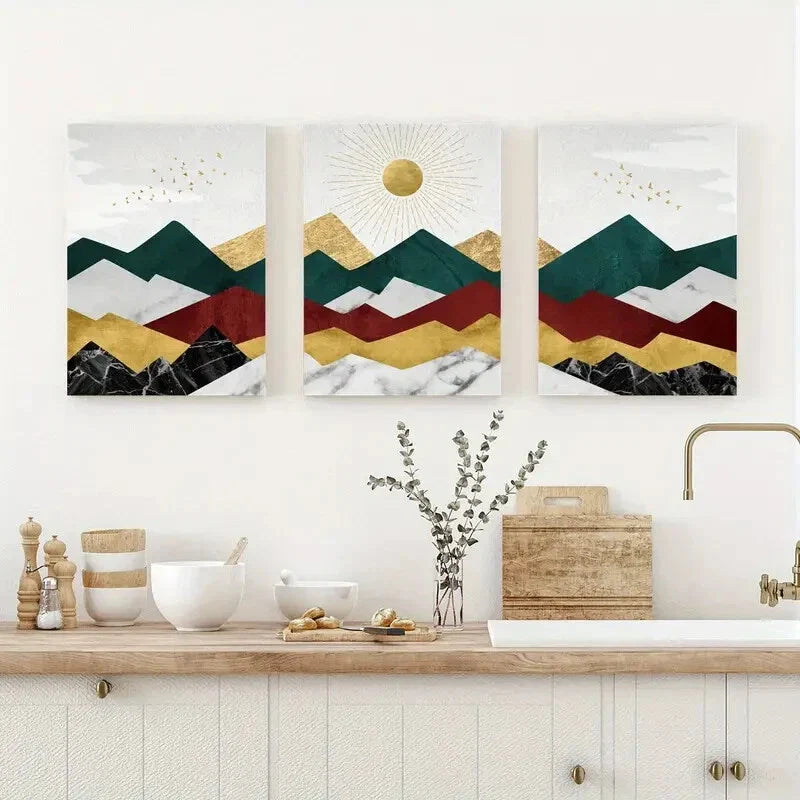 3pcs Contemporary Geometric Landscape  Wall Art Set Canvas Framed 40x60cm - High Quality Print 100% Australian Made Wall Canvas Ready to Hang