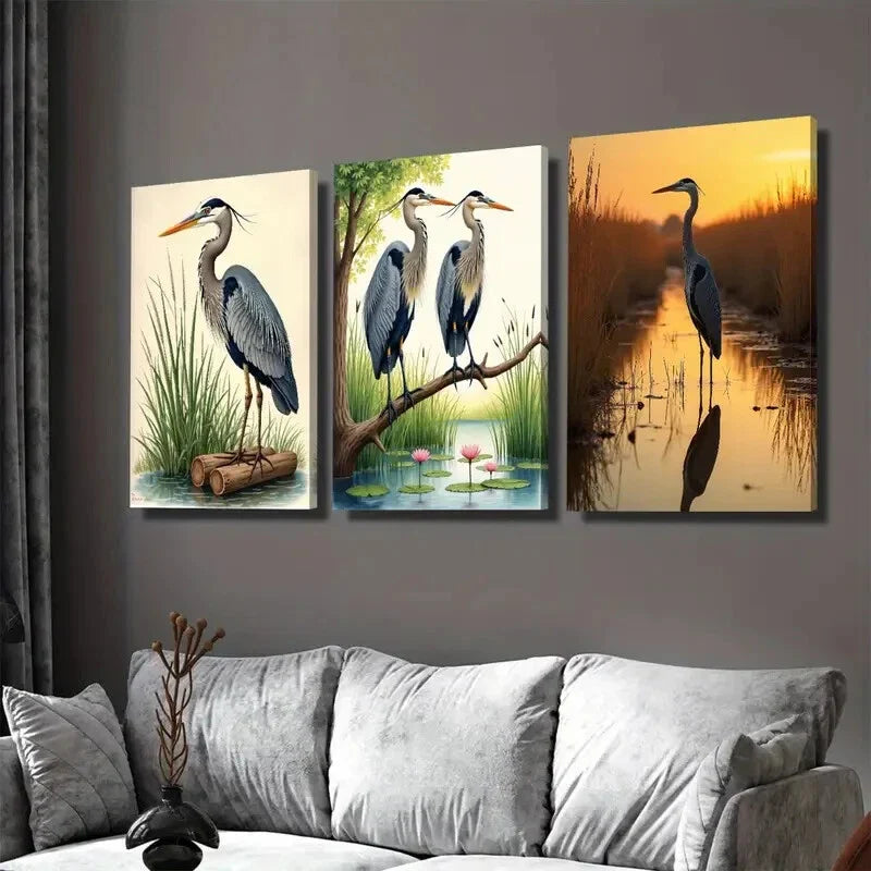 3pcs Herons in Nature Triptych Vertical Bird Wall Art Set Canvas Framed 40x60cm - High Quality Print 100% Australian Made Wall Canvas Ready to Hang