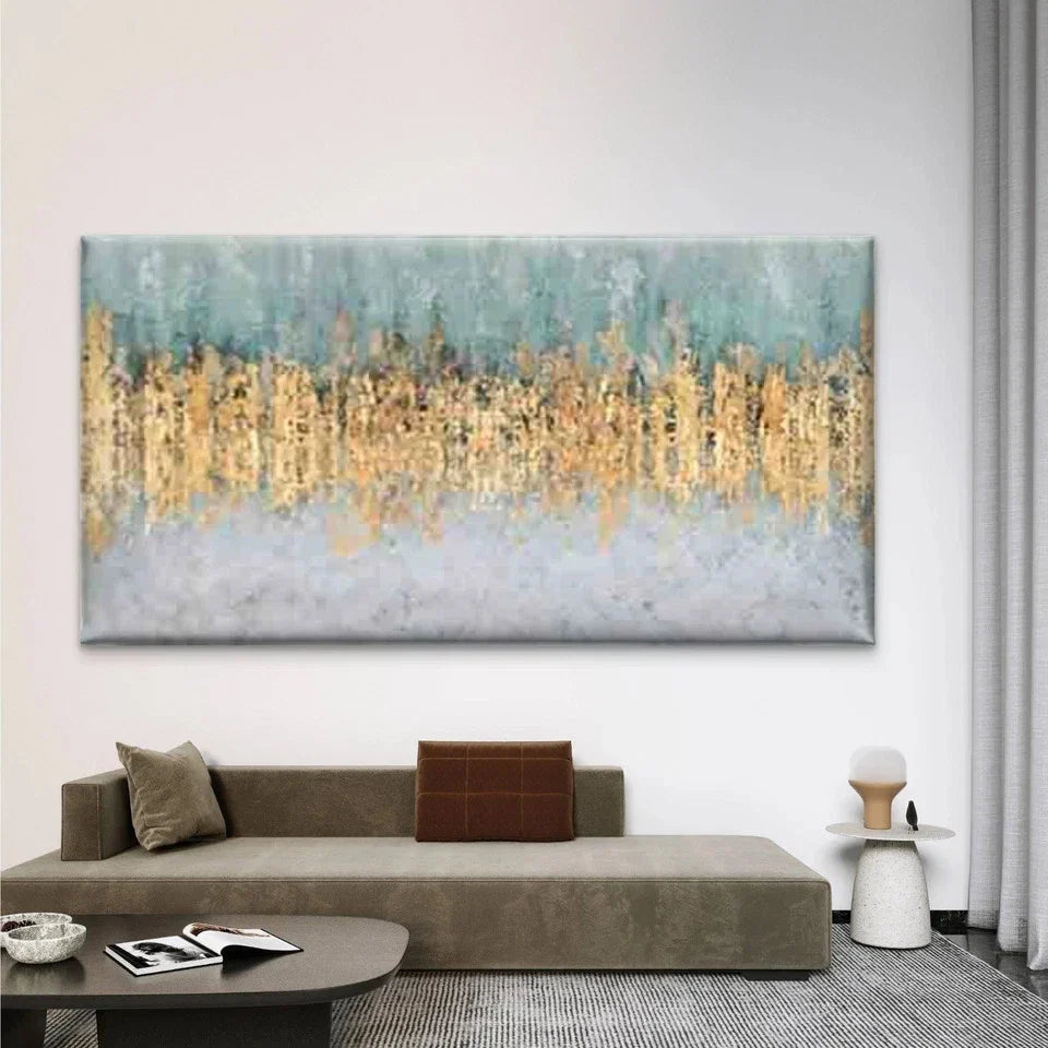 Abstract in Golden And Teal Wall Art Canvas Office Home Room Framed 80x45cm