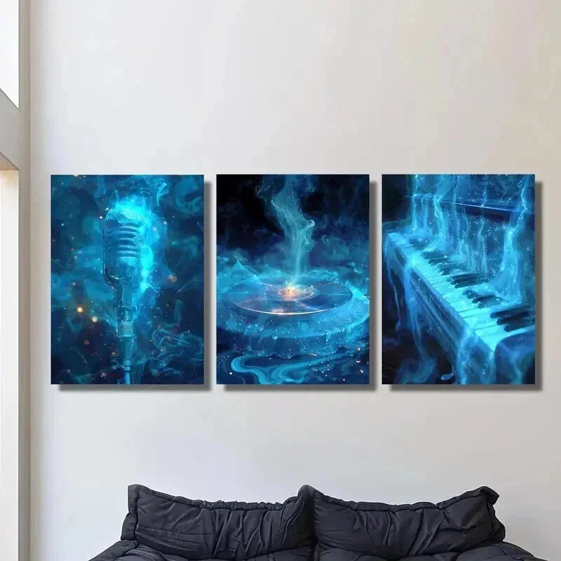 3pcs Blue Smokey Microphone Vinyl Record Piano Wall Art Set Canvas Framed 40x60cm - High Quality Print 100% Australian Made Wall Canvas Ready to Hang