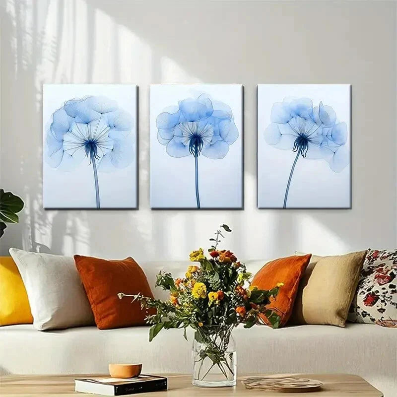 3pcs Soft and Elegant Flower Blue Floral Perfect Wall Art Set Canvas Framed 40x60cm - High Quality Print 100% Australian Made Wall Canvas Ready to Hang