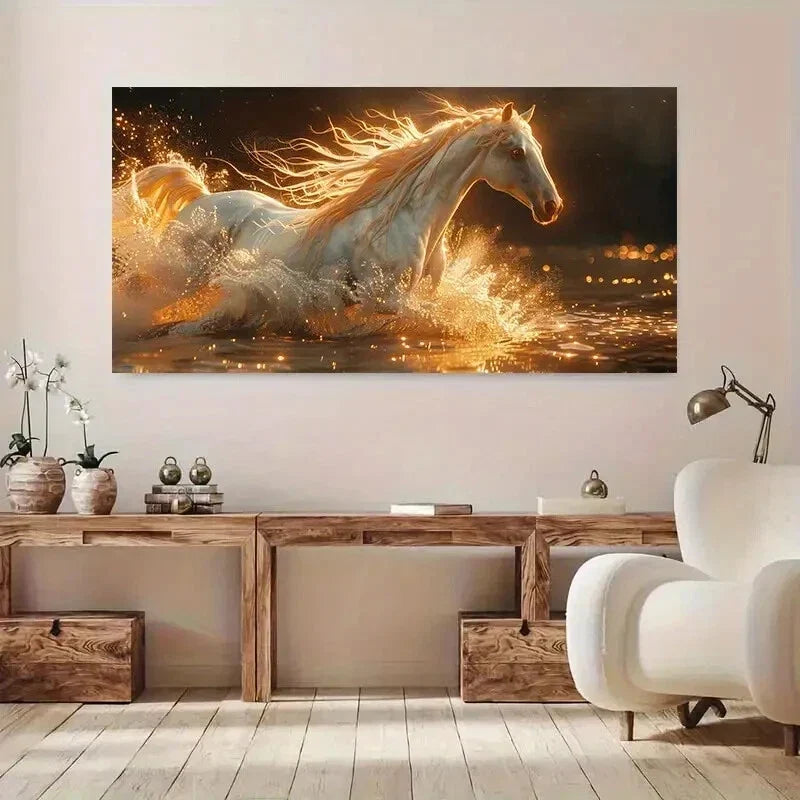 Majestic White Horse Running Wall Art Canvas Office Home Room Framed 80x45cm