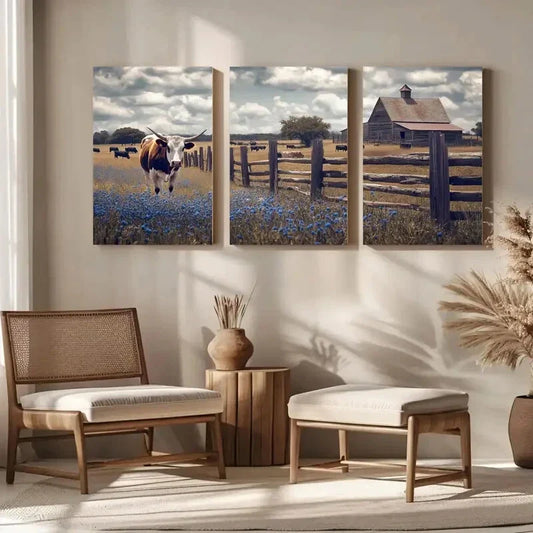 3pcs Texas Longhorn Cow Barn & Fence, Brown Metal Print Ready to Hang Art