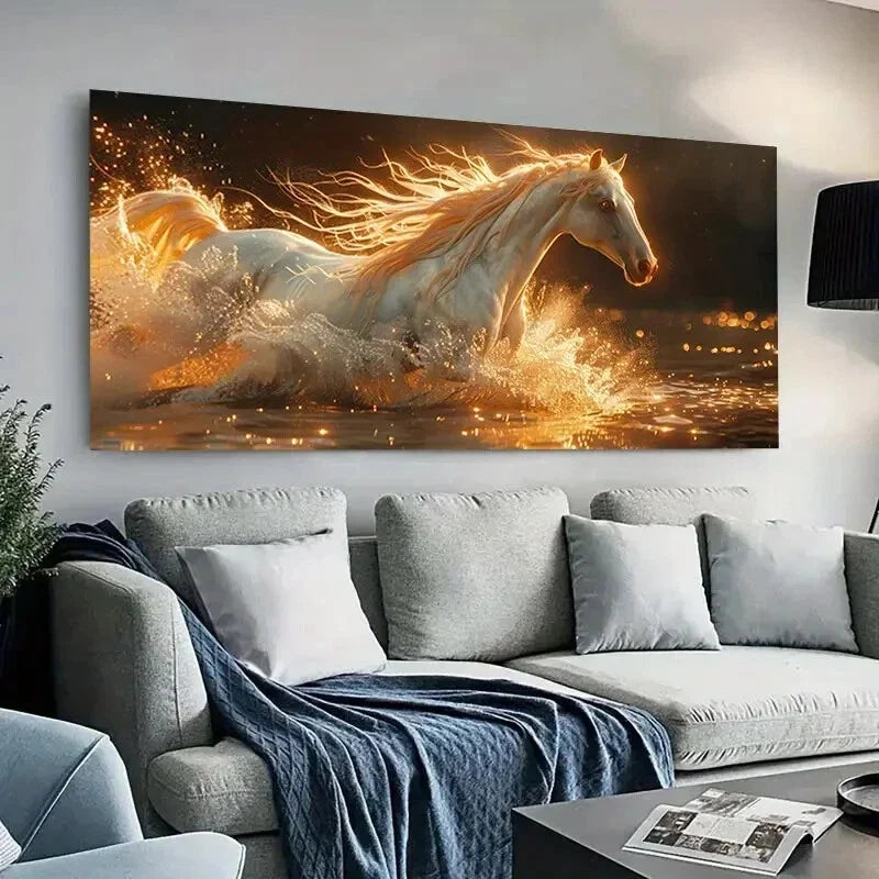 Majestic White Horse Running Wall Art Canvas Office Home Room Framed 80x45cm