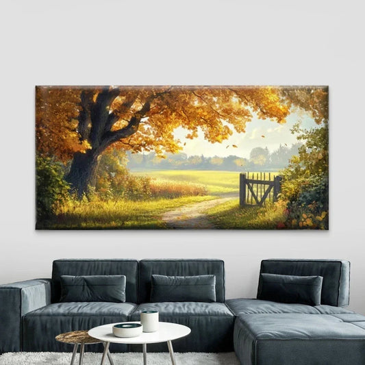 Golden Fall Trees & Countryside Wall Art Canvas Office Home Room Framed 80x45cm