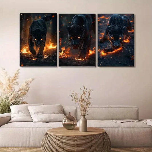 3pcs Flame surrounded Black Panther Triptych Wall Art Set Canvas Framed 40x60cm - High Quality Print 100% Australian Made Wall Canvas Ready to Hang