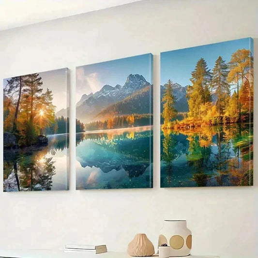 3pcs Sunrise Forest & Snowy Mountain Lakes Wall Art Set Canvas Framed 40x60cm - High Quality Print 100% Australian Made Wall Canvas Ready to Hang