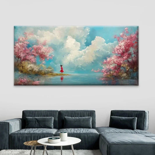River Landscape with Pink Petal Wall Art Canvas Office Home Room Framed 80x45cm