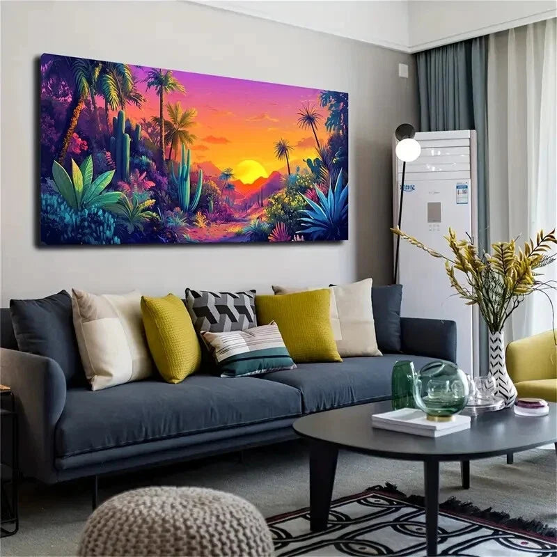 Vibrant Tropical Landscape Wall Art Canvas Office Home Room Framed 120x60cm