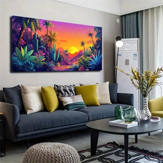 Vibrant Tropical Landscape Wall Art Canvas Office Home Room Framed 120x60cm