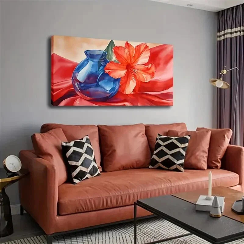 Vibrant Red Hibiscus Silk Wall Art Canvas Office Home Room Framed 120x60cm.