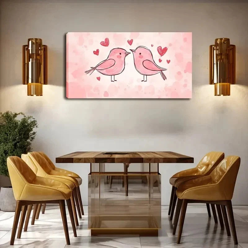 Cartoon Birds In Love With Hear Wall Art Canvas Office Home Room Framed 120x60cm