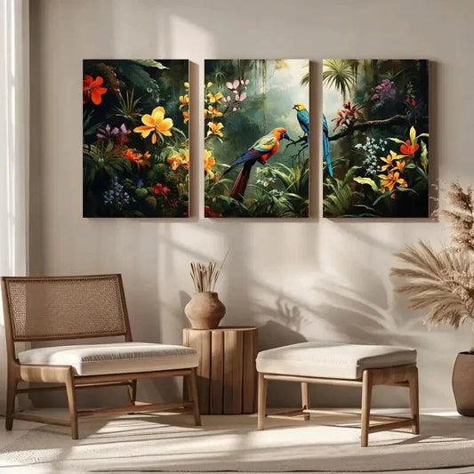 3pcs Vibrant Flowers & Parrot Tropical Jungle Metal Print Ready to Hang Art