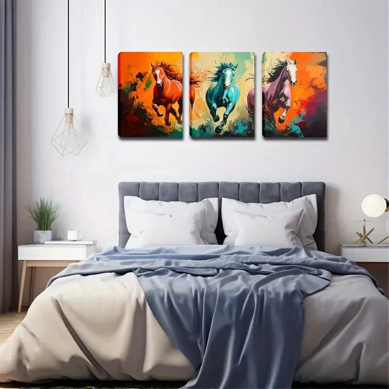 3pcs Running Forward Horse Figurative Style Wall Art Set Canvas Framed 40x60cm - High Quality Print 100% Australian Made Wall Canvas Ready to Hang