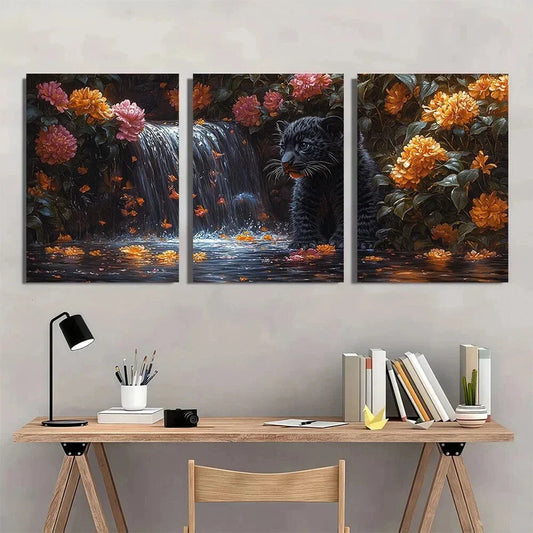 3pcs Black Panther Cub Waterfall & Floral Design Metal Print Ready to Hang Art