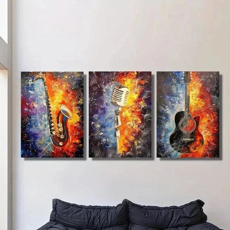 3pcs Colorful Saxophone Guitar Microphone Wall Art Set Canvas Framed 40x60cm - High Quality Print 100% Australian Made Wall Canvas Ready to Hang