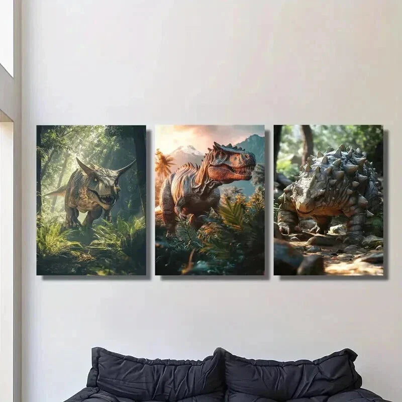 3pcs Dinosaurs in the Jungle Painting Wall Art Set Canvas Framed 40x60cm - High Quality Print 100% Australian Made Wall Canvas Ready to Hang