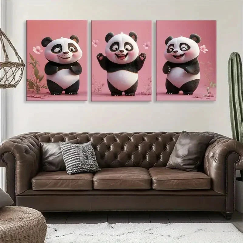 3pcs Pink Background Playful Panda Perfect Wall Art Set Canvas Framed 40x60cm - High Quality Print 100% Australian Made Wall Canvas Ready to Hang