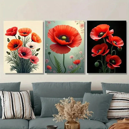 3pcs Vibrant Red Poppy Flower Metal Print Ready to Hang Art