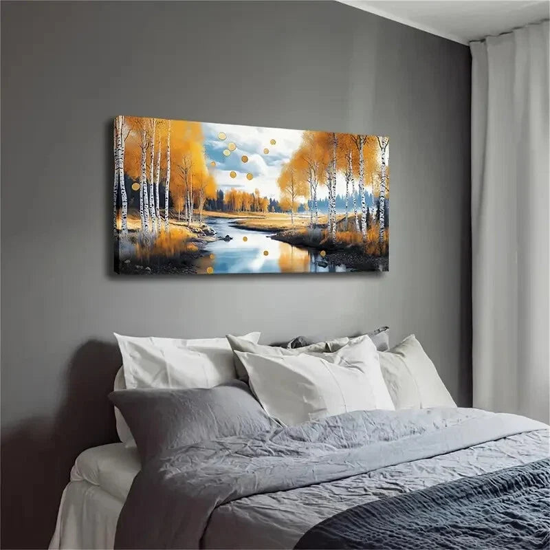 Realistic Autumn Birch Trees Wall Art Canvas Office Home Room Framed 120x60cm