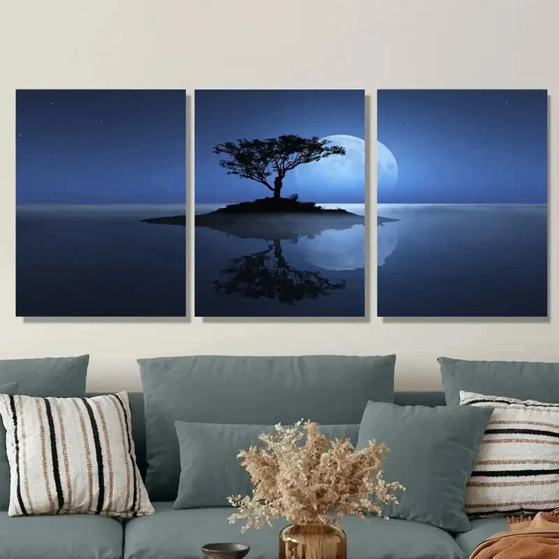 3pcs Serene Moonlit Island Night Sky Metal Print Ready to Hang Art