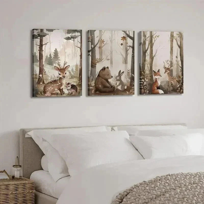 3pcs Cartoon Style Deer Bear & Squirrel Wall Art Set Canvas Framed 40x60cm - High Quality Print 100% Australian Made Wall Canvas Ready to Hang