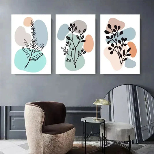 3pcs Soft Green, Beige, and Blue with Black Line Metal Print Ready to Hang Art