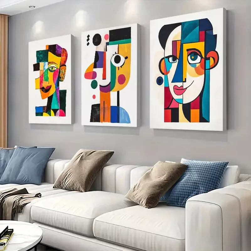 3pcs Vibrant Cubist-Style Face Triptych Wall Art Set Canvas Framed 40x60cm - High Quality Print 100% Australian Made Wall Canvas Ready to Hang