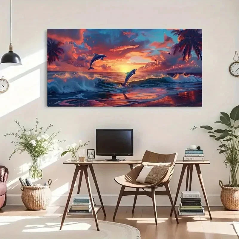 Sunrise Seascape Dolphin Marine Wall Art Canvas Office Home Room Framed 120x60cm