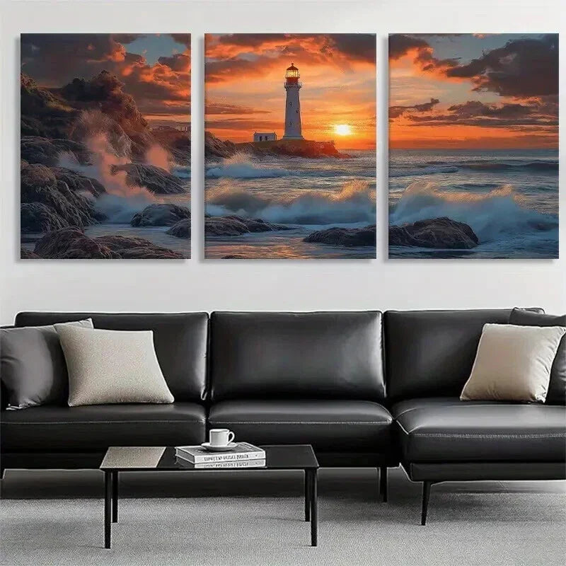 3pcs Lighthouse Sunset Ocean Coastal Perfect Wall Art Set Canvas Framed 40x60cm - High Quality Print 100% Australian Made Wall Canvas Ready to Hang