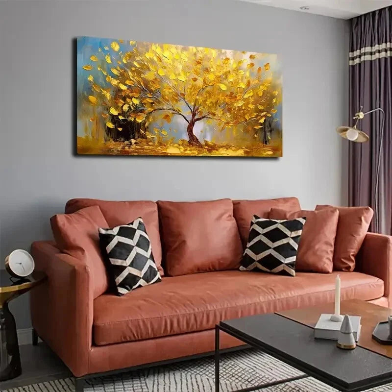Golden Leaves Tree Minimalist Wall Art Canvas Office Home Room Framed 120x60cm