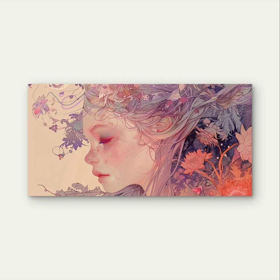 Ethereal Woman with Floral Hair Wall Art Canvas Office Home Framed 120x60cm