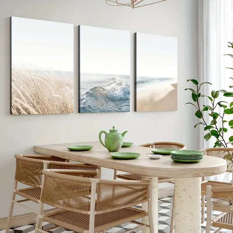 3pcs Abstract Geometric Beach Scenery Neutral Wall Art Set Canvas Framed 40x60cm - High Quality Print 100% Australian Made Wall Canvas Ready to Hang