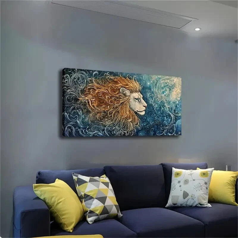 Blue & Golden Animal Lion Fear Wall Art Canvas Office Home Room Framed 80x45cm