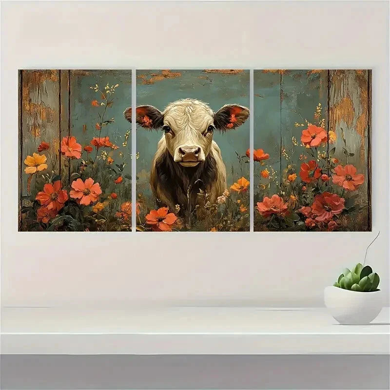 3pcs Land Cow Rustic Wildlife Floral Accents Metal Print Ready to Hang Art