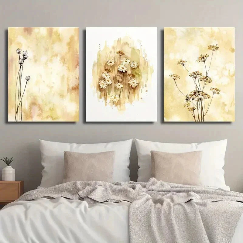 3pcs Botanical Wildflowers Beige Mustard Ochre Wall Art Set Canvas Framed 40x60cm - High Quality Print 100% Australian Made Wall Canvas Ready to Hang