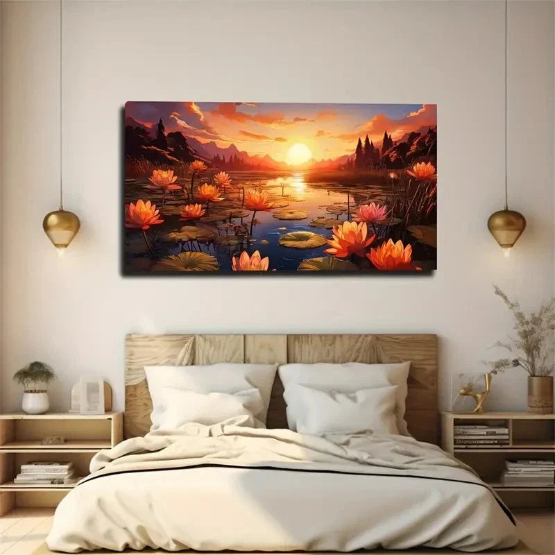 Realistic Sunset & For Lotus Wall Art Canvas Office Home Room Framed 120x60cm
