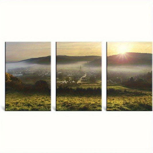 3pcs Scenery Misty Mountains And Golden Sunshine Metal Print Ready to Hang Art