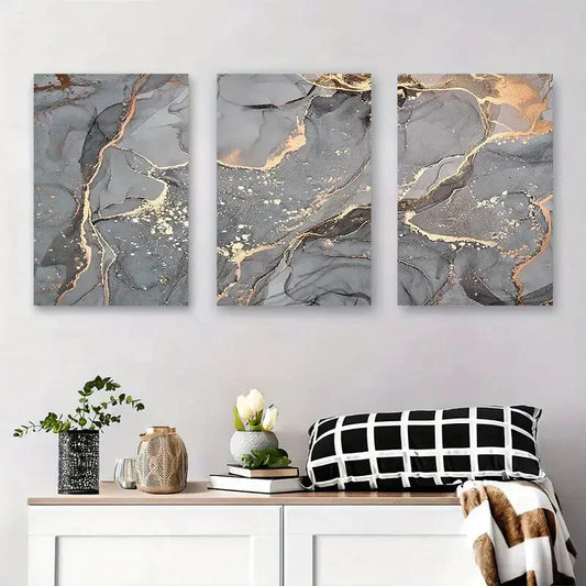 3pcs Modern Abstract Gray & Golden Marble Metal Print Ready to Hang Art