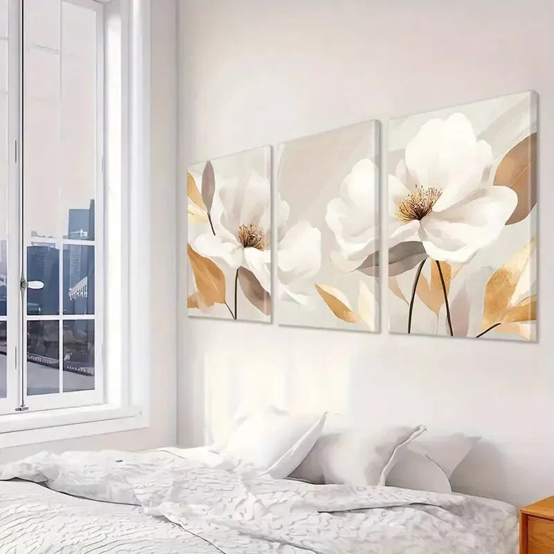 3pcs Abstract White Blossoms with Golden Leaves Wall Art Set Canvas Framed 40x60cm - High Quality Print 100% Australian Made Wall Canvas Ready to Hang