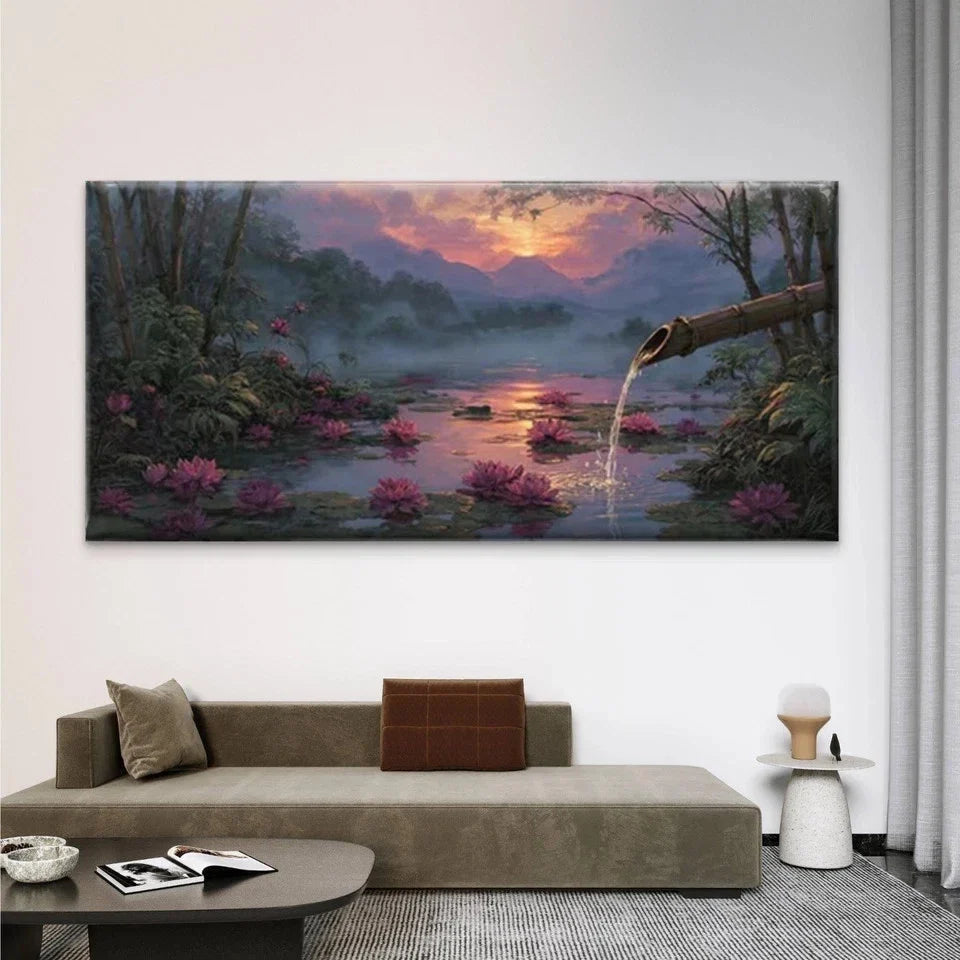 Serene Water with Pink Lotus Wall Art Canvas Office Home Room Framed 80x45cm