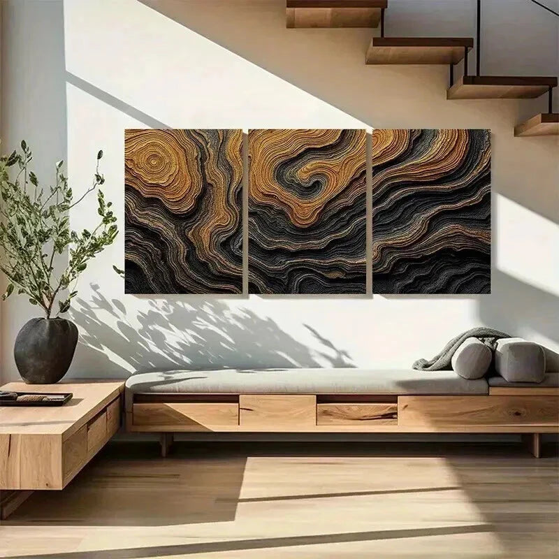 3pcs Abstract Black and Golden Bold Earthy Wall Art Set Canvas Framed 40x60cm - High Quality Print 100% Australian Made Wall Canvas Ready to Hang
