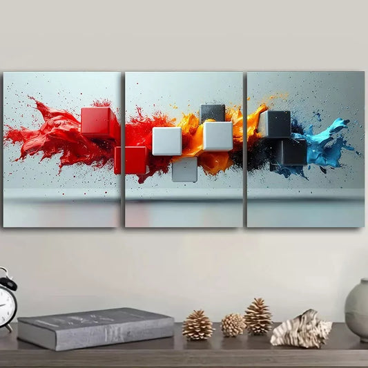 3pcs  Black And White Cubes Color Splash Wall Art Set Canvas Framed 40x60cm - High Quality Print 100% Australian Made Wall Canvas Ready to Hang