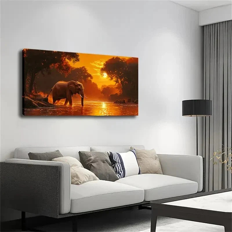 Elephant Sunset Minimalist Wall Art Canvas Office Home Room Framed 120x60cm
