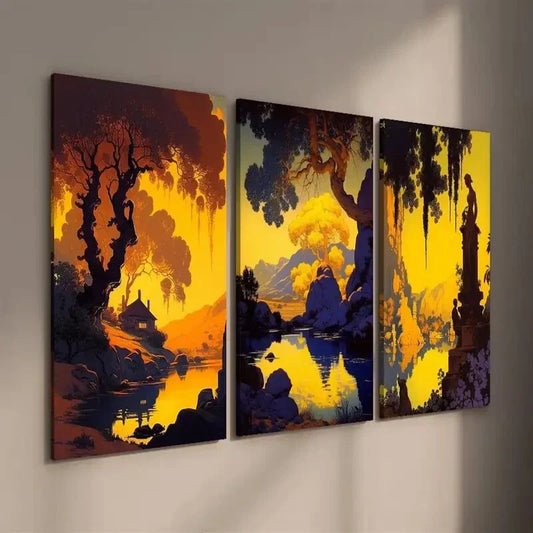 3pcs Mountain Lake Forest Nature Yellow Statue Wall Art Set Canvas Framed 40x60cm - High Quality Print 100% Australian Made Wall Canvas Ready to Hang